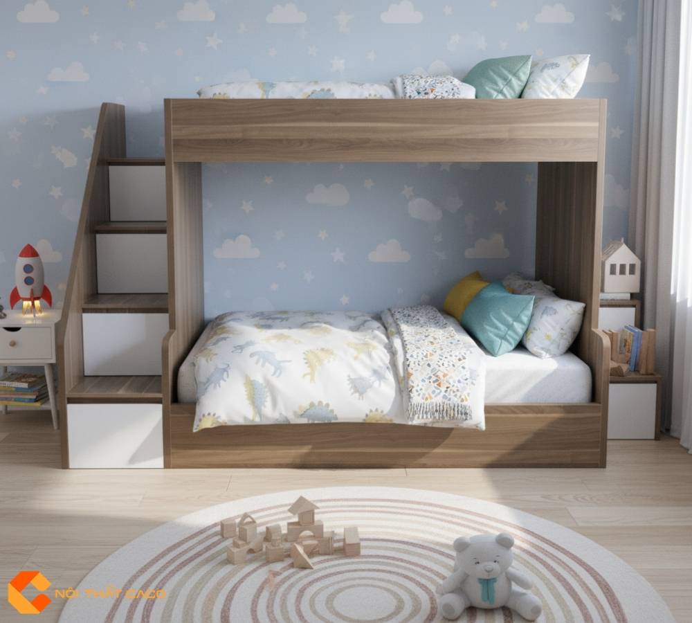 Giường Tầng Gỗ MDF Cao Cấp Màu Nâu Sọc Vàng Hiện Đại Đa Năng